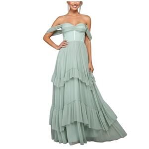 Lulus Stunning Personality Sage Green Mesh Off Shoulder Maxi Dress XS NWT